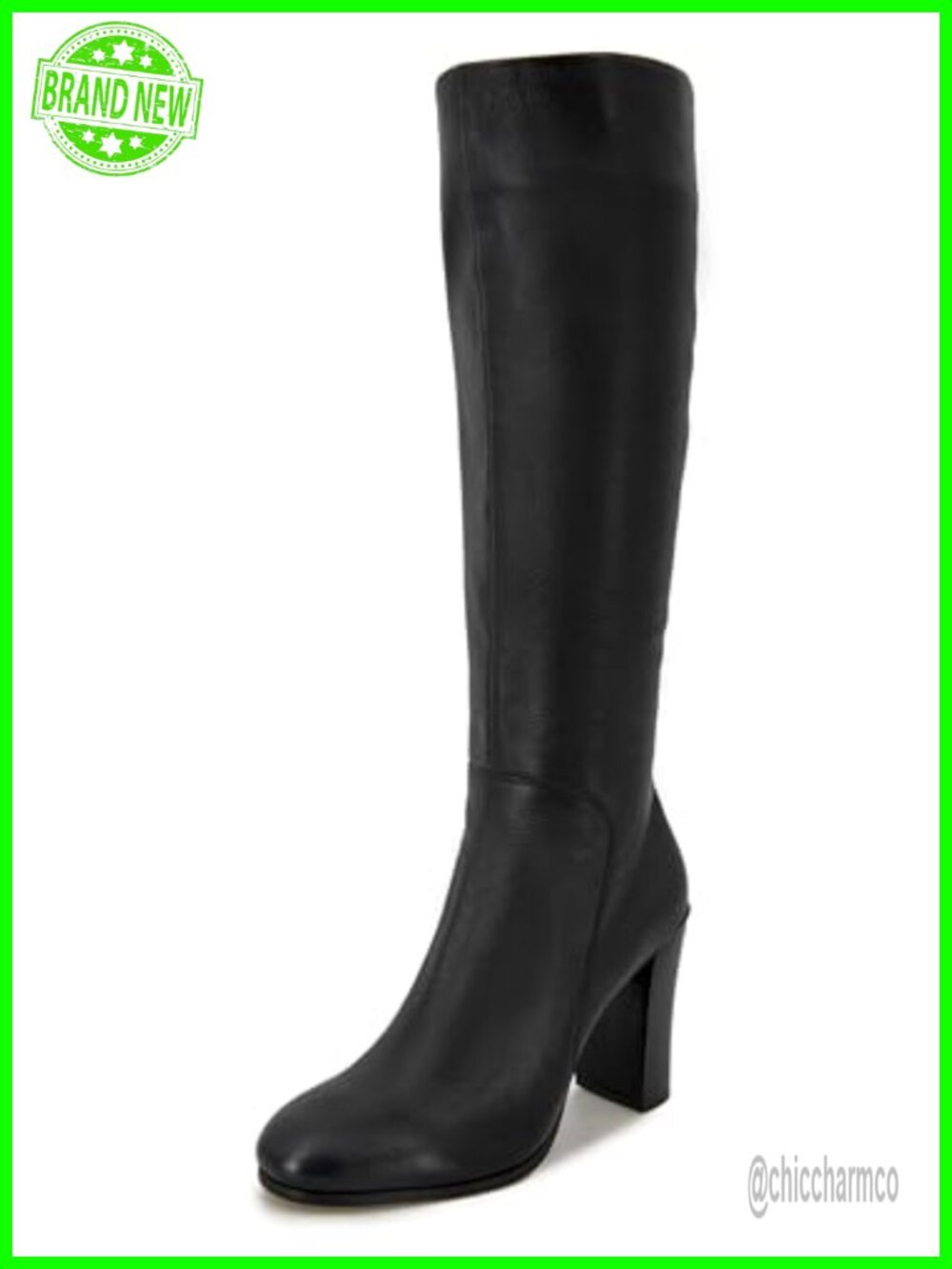 Faux Leather Knee-High Heeled Boots with Block Heel and Side Zip